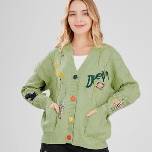 ebossy Cable Knit Cardigan Embroidery Sweater Button V Neck Coat Size M Green - Picture 1 of 15